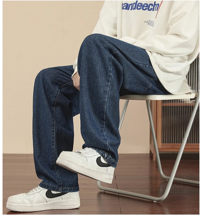 2023 New Korean Fashion Men's Casual Ankle-Length Jeans Classic Man Straight Denim Wide-leg Pants Light Blue Grey Black 3XL