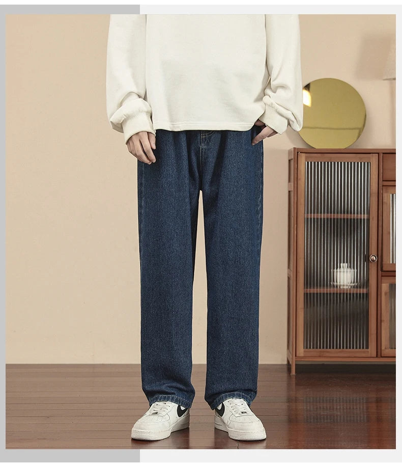 2023 New Korean Fashion Men's Casual Ankle-Length Jeans Classic Man Straight Denim Wide-leg Pants Light Blue Grey Black 3XL