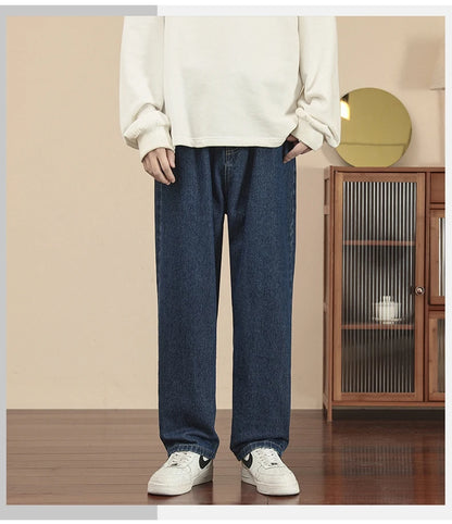 2023 New Korean Fashion Men's Casual Ankle-Length Jeans Classic Man Straight Denim Wide-leg Pants Light Blue Grey Black 3XL