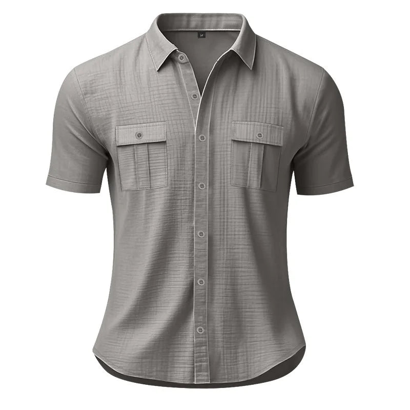 Men's Cotton Linen Short-Sleeved Shirt Summer Solid Color Stand-Up Collar Casual Beach Style plus Size S-5XL