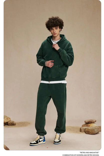 IEFB Men's Wear Wax Printing Vintage Male Hoodies Oversized Loose Zipper Water Washed Plush Sweatshirt Trendy New 9C9349