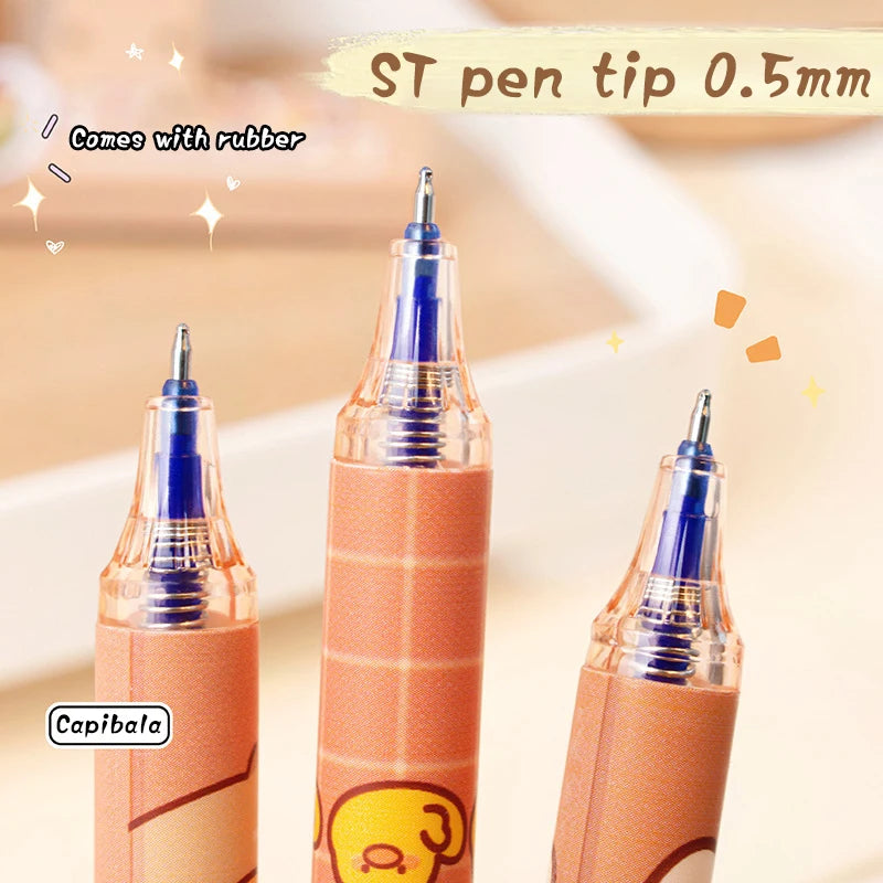 Cute Capybara Gel Pens - 6Pcs Kawaii Quick-Drying Blue Erasable Pen Set for Office, School & Aesthetic Stationery