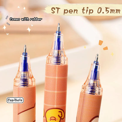 Cute Capybara Gel Pens - 6Pcs Kawaii Quick-Drying Blue Erasable Pen Set for Office, School & Aesthetic Stationery
