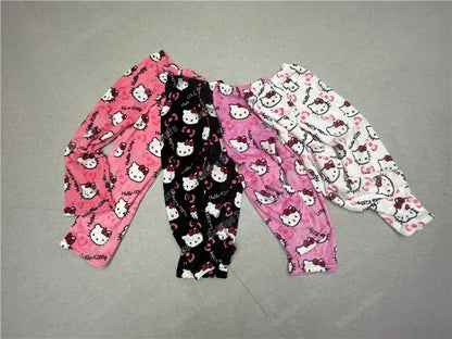 2024 Sanrio Hello Kitty Pajamas Halloween Flannel Fashion Trouserswomen Kawaii Woolen Anime Cartoon Casual Home Pants Autumn