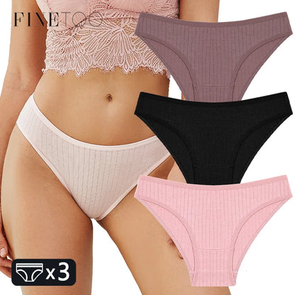 FINETOO 3PCS/SET Women's Cotton Panties Soft Striped Underpants Sexy Solid Color Briefs Female Comfortable Stretch Lingerie M-XL