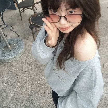 Women Hoodies Autumn Streetwear Off Shoulder Seductive Cropped All-match Sweatshirts Baggy Fashion Print Design Aesthetic Casual