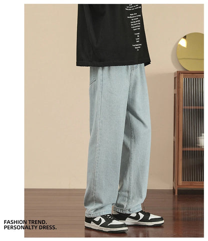 2023 New Korean Fashion Men's Casual Ankle-Length Jeans Classic Man Straight Denim Wide-leg Pants Light Blue Grey Black 3XL
