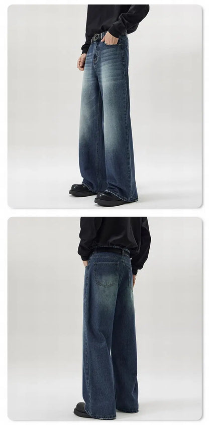 Vintage Distressed Men's Baggy Straight Jeans Spring Autumn Korean High Street Moustache Effect Denim Pants Streetwear Trousers