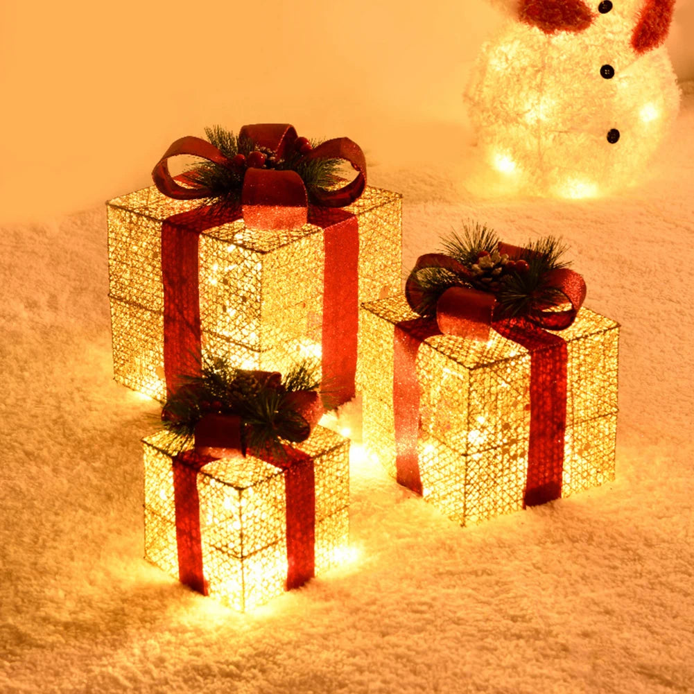 Christmas Foldable Lighted Metal Boxes 25/20/15CM Set of 3 Battery Operated for Outdoor Indoor Christmas Tree/Yard/Home Decor