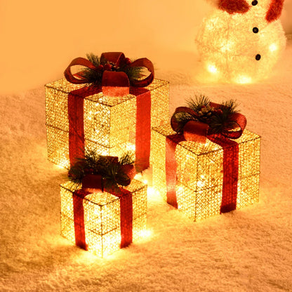 Christmas Foldable Lighted Metal Boxes 25/20/15CM Set of 3 Battery Operated for Outdoor Indoor Christmas Tree/Yard/Home Decor