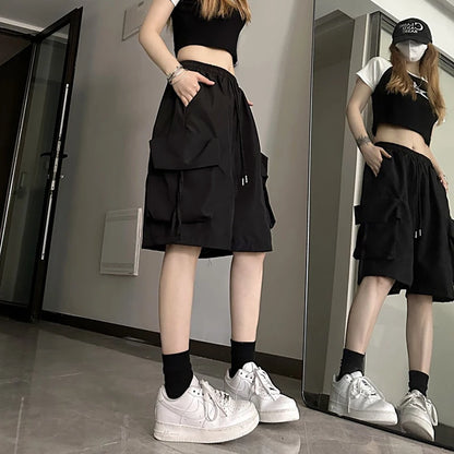 ZOKI Women High Waist Cargo Shorts American Style Streetwear Summer Wide Leg Pants Fashion Female Big Pocket Loose Shorts New