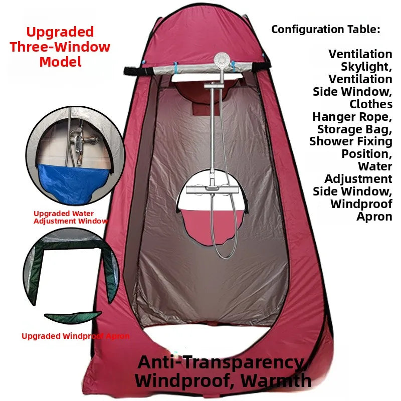 خيمة استحمام خارجية محمولة، خيمة طاقة سميكة، مرحاض متنقل، غرفة تغيير الملابس، عزل حراري، كاميرا، معدات سفر