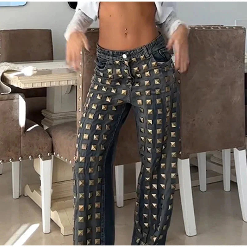 Casual Bead Jean Women Loose High Waisted Pockets Zipper All-match Straight Leg Trouser Female 2025 Y2k High Street Lady Outwear