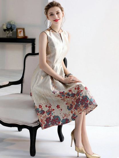 DEVCHATA Luxury Women Fashion High Quality Jacquard A Line Ball Gown Sleeveless Summer Casual Clothing Midi Femme Party Dressses