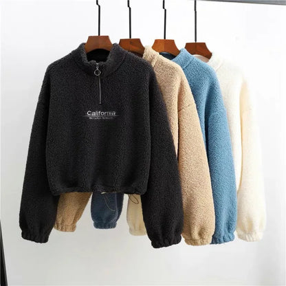 Women Letter Embroidery Stand Neck Fleece Cropped Hoodies Autumn Long Sleeve Drawstring Sweatshirt New Casual Plush Velvet Tops