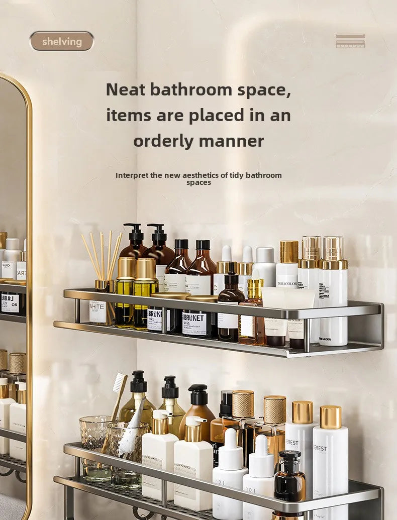 Bathroom storage rack, non perforated washbasin, hand washing and shower area, shower gel wall storage rack