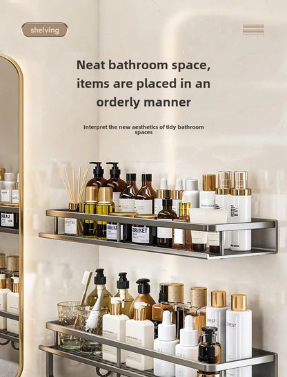 Bathroom storage rack, non perforated washbasin, hand washing and shower area, shower gel wall storage rack