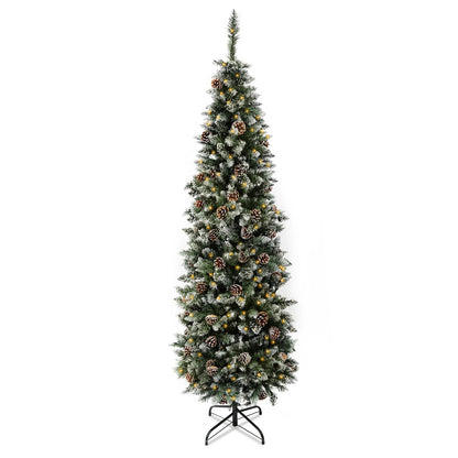 6.5/7.5 Ft Pre-Decorated Pencil Christmas Tree Pre-Lit Holiday Tree with Clear Lights Collapsible for Easy Storage Pinecones 699