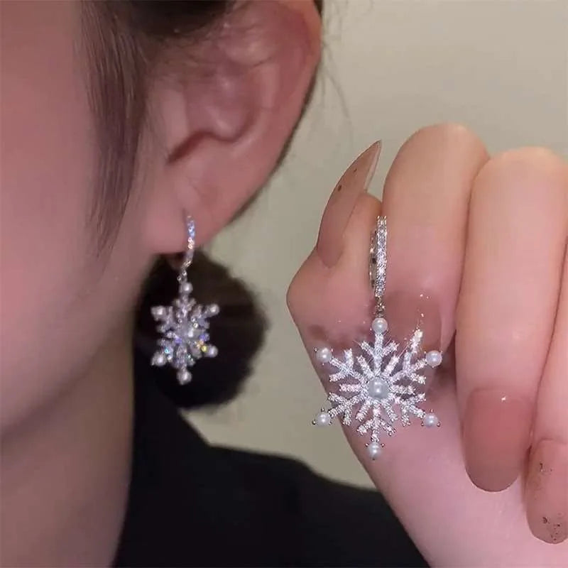 Luxury Sparking Crystal Snowflake Earrings For Women Shiny Zircon Imitation Pearl Earring Christmas New Year Party Jewelry Gifts