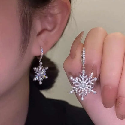 Luxury Sparking Crystal Snowflake Earrings For Women Shiny Zircon Imitation Pearl Earring Christmas New Year Party Jewelry Gifts