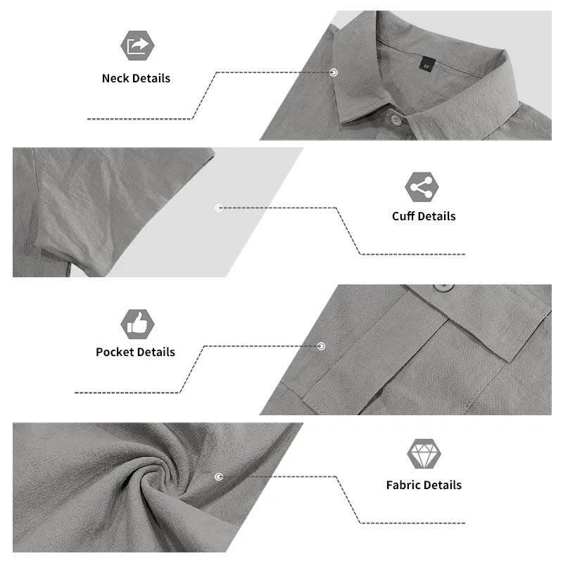 Men's Cotton Linen Short-Sleeved Shirt Summer Solid Color Stand-Up Collar Casual Beach Style plus Size S-5XL