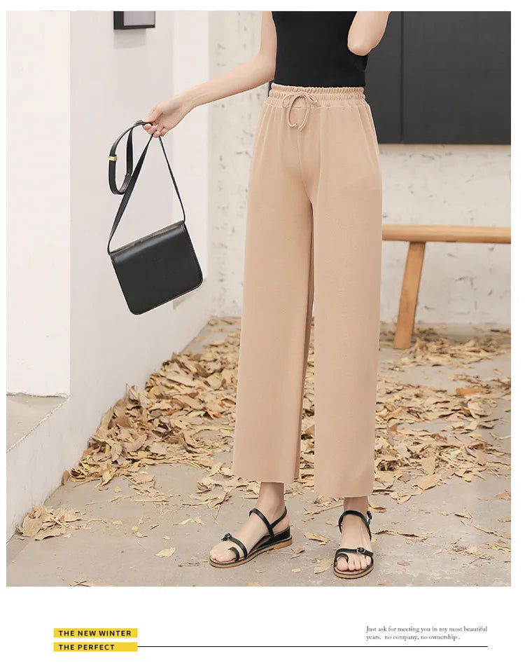 Women Ankle-Length Wide Leg Pants Casual Summer Solid Elastic Waist Loose Ice Silk Pants Spring Summer Female Trousers