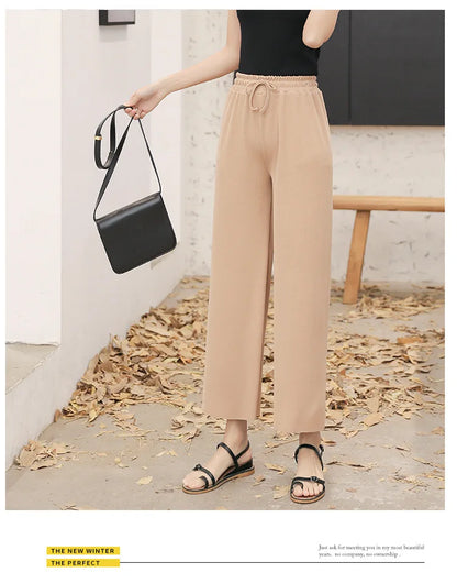 Women Ankle-Length Wide Leg Pants Casual Summer Solid Elastic Waist Loose Ice Silk Pants Spring Summer Female Trousers