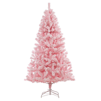 6Ft Pink Pre-lit Christmas Tree, Snow Flocked Artificial Xmas Tree with 250 Multi Color LED Lights 751 Branch Tips and Foldable
