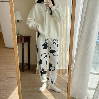 2024 Sanrio Hello Kitty Pajamas Halloween Flannel Fashion Trouserswomen Kawaii Woolen Anime Cartoon Casual Home Pants Autumn