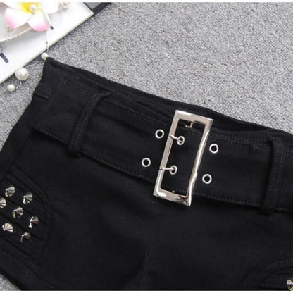 Denim Shorts Women Low-waisted Black Slim Fit Sexy Hot Girls Rivet Belt Design Unique All-match Nightclub Bodycon Summer Y2k