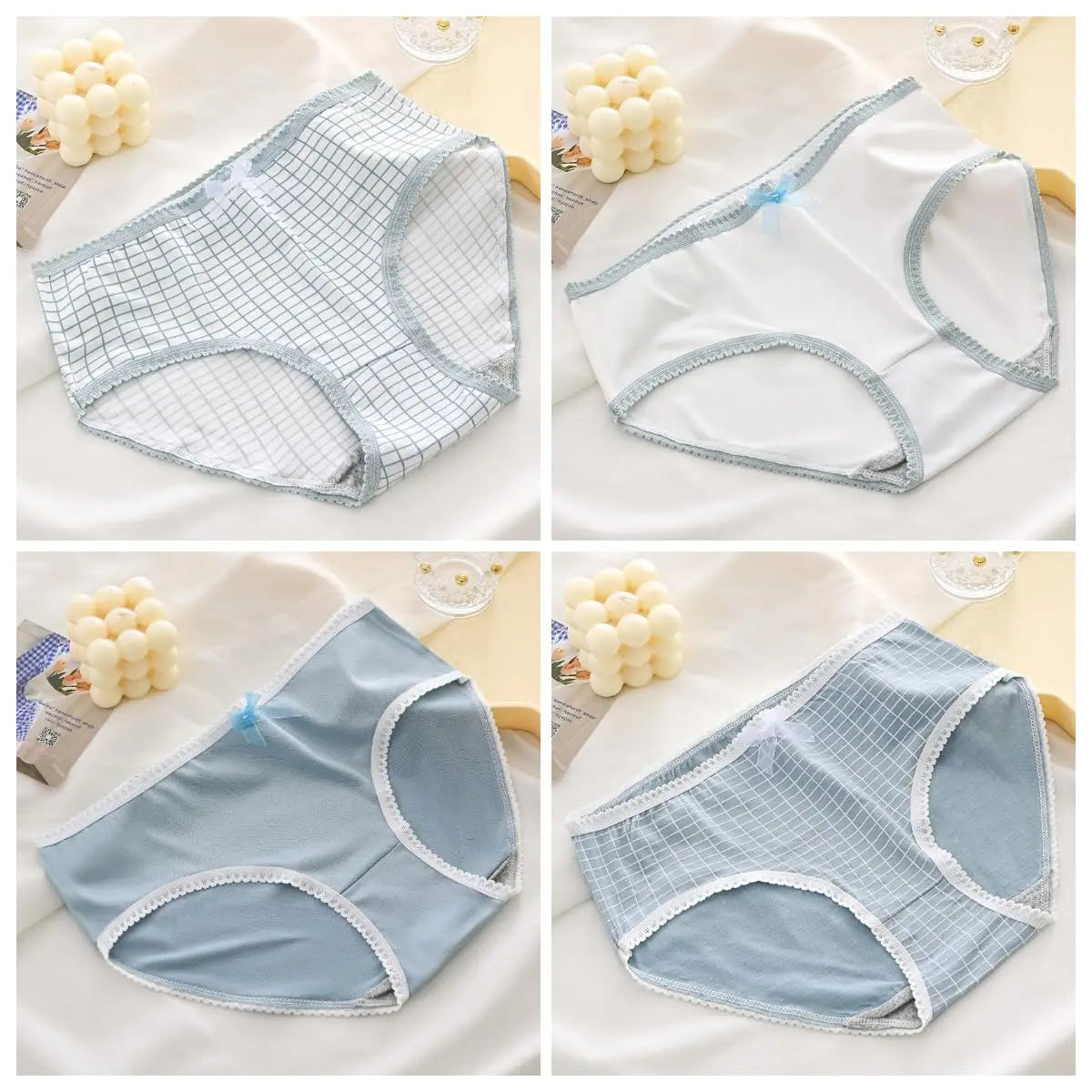 5pcs Women’s Cotton Panties Underwear Briefs Set Cute Bow Heart Plaid Print Soft Breathable Comfy Intimates Lingerie