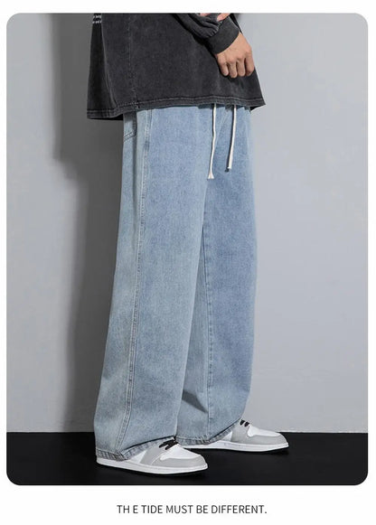 Dragging Streetwear Loose Jeans Men Korean Style Fashion Loose Straight Wide Leg Pant Men's Brand Clothing Black Light Blue Grey