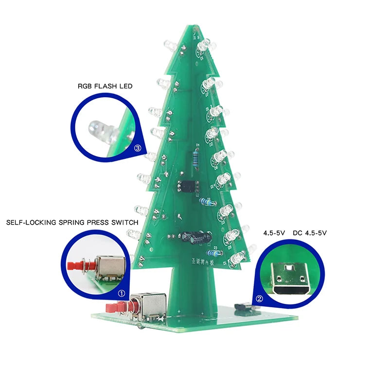 Creative 3D Christmas Tree LED DIY Kit Red/Green/Yellow LED Flash Circuit Kit Electronic Fun Suite 3 Color/7 Color PCB