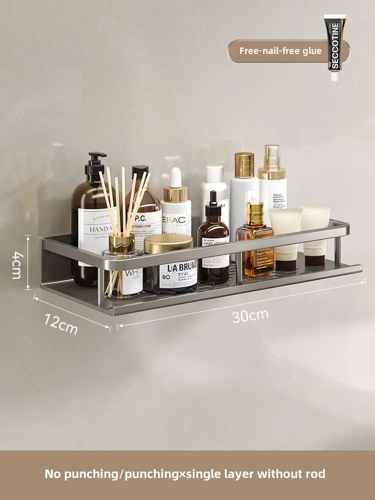 Bathroom storage rack, non perforated washbasin, hand washing and shower area, shower gel wall storage rack