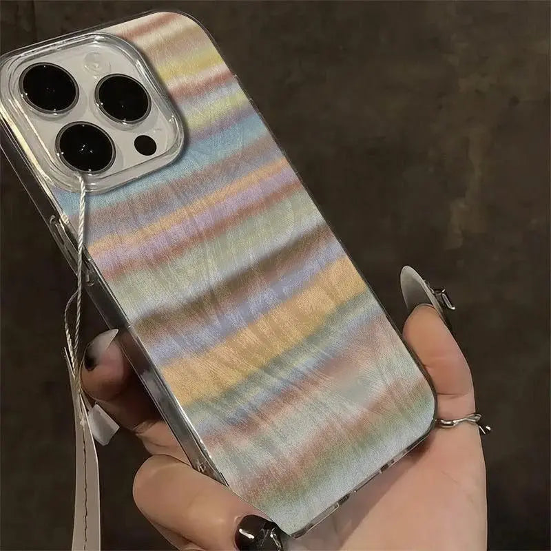 Korea Popular Rainbow Phone Case For IPHONE 16 PRO 11 12 13 14 15 Promax XS XR 7 8 Plus SE Minimalism Feather Pattern Cover Y2k