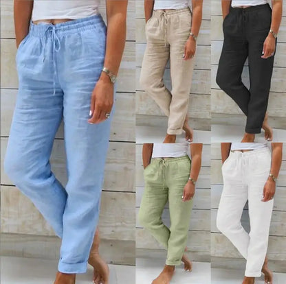 Cotton Linen Summer Pants for Women High Waist Elastic Casual Trousers Streetwear Solid Female Clothes 2024 Loose Pencil Pants