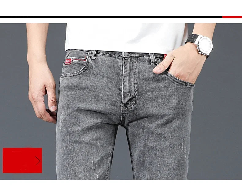 2024 New Men's Cotton Business Casual Skinny Jeans Trendy Fashionable Stretch Straight Slim Denim Trousers Male Blue Grey