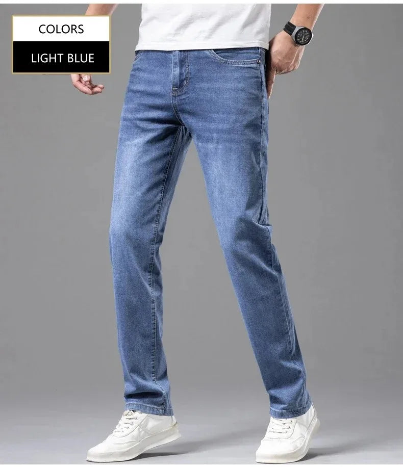 Summer Elastic Men's Jeans Fashion Gray Comfortable Business Straight Stretch Cotton Casual Denim Pants Brand Male Thin Trousers