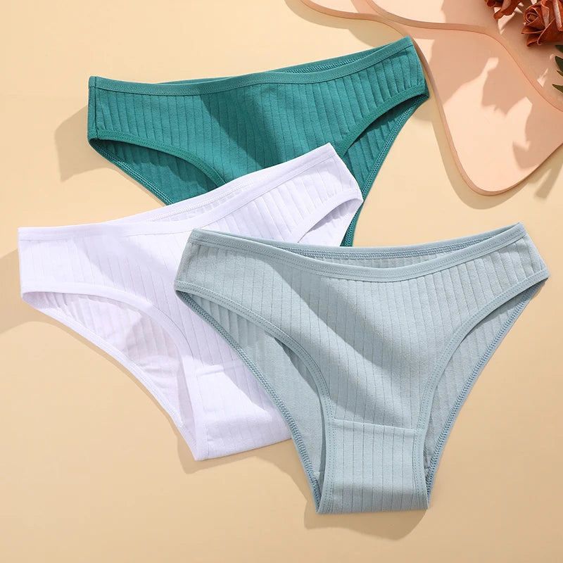 FINETOO 3PCS/SET Women's Cotton Panties Soft Striped Underpants Sexy Solid Color Briefs Female Comfortable Stretch Lingerie M-XL