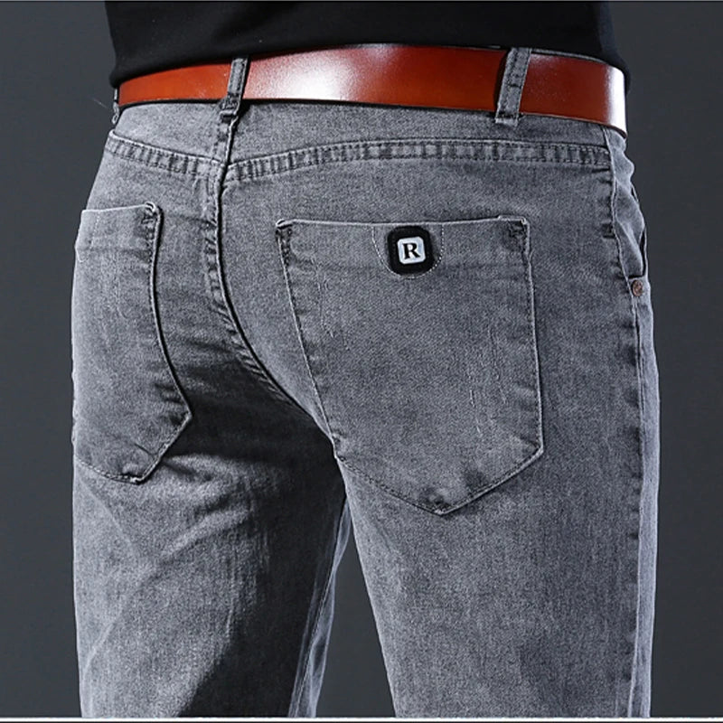 New style jeans, men's slim fit, Korean style comfortable straight leg elastic gray mid waist pants, men's casual denim pants
