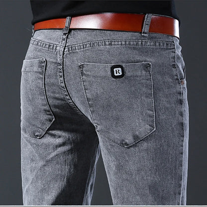 New style jeans, men's slim fit, Korean style comfortable straight leg elastic gray mid waist pants, men's casual denim pants