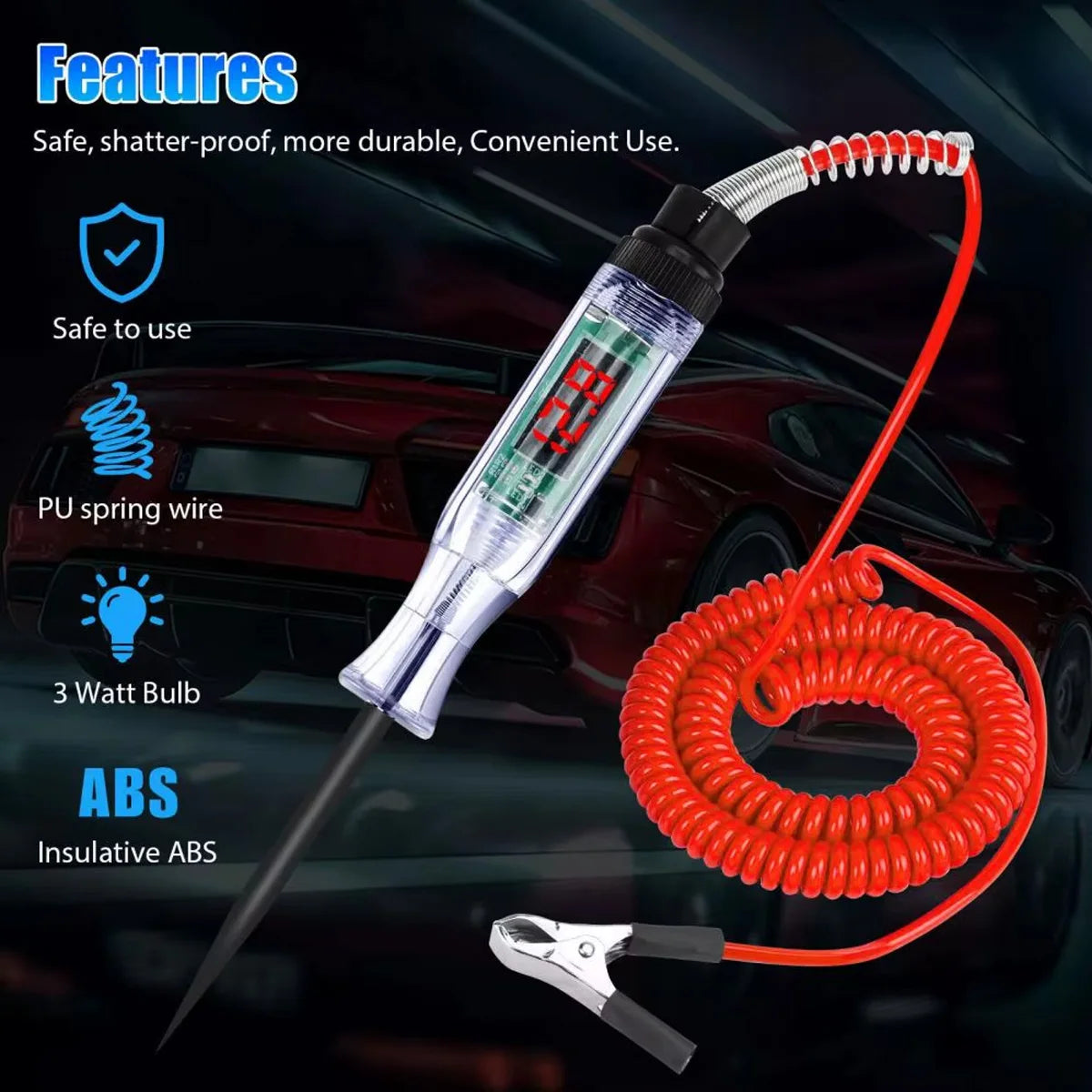 6/12/24v48v Dc Digital Display Extended Spring Cable Automotive Digital Voltage Circuit Tester Truck Automotive Light Test Pen