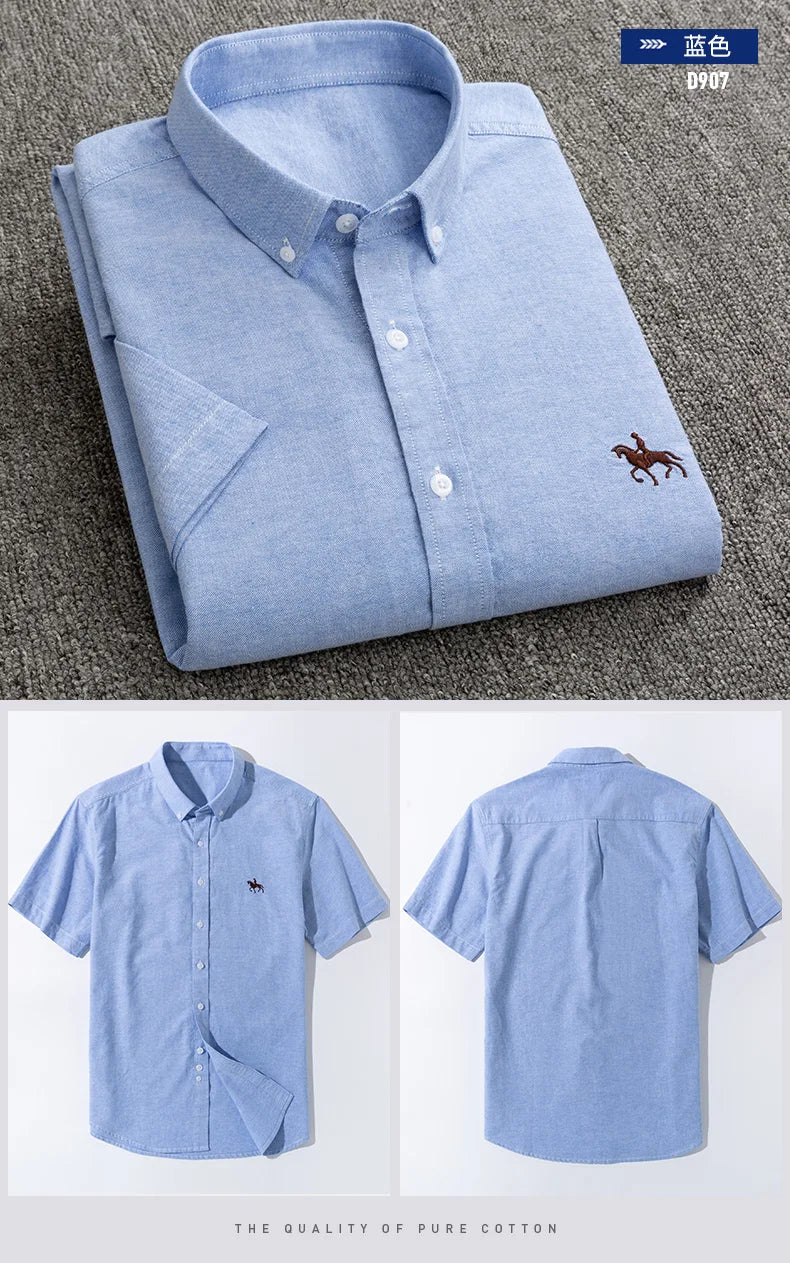 100% Pure Cotton Oxford Shirt For Men’s Short Sleeve Solid Stripe Leisure Embroidered Horse Social Business Formal Dress Shirts