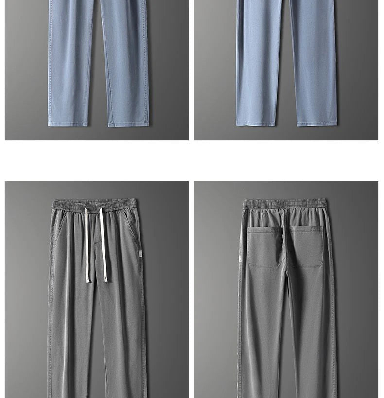 Summer soft Lyocell fabric men's jeans loose straight leg pants drawstring elastic waist Korean casual pants plus size M-5XL