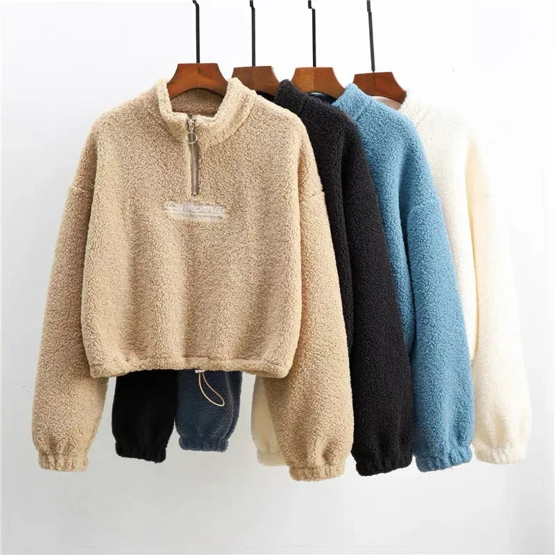 Women Letter Embroidery Stand Neck Fleece Cropped Hoodies Autumn Long Sleeve Drawstring Sweatshirt New Casual Plush Velvet Tops