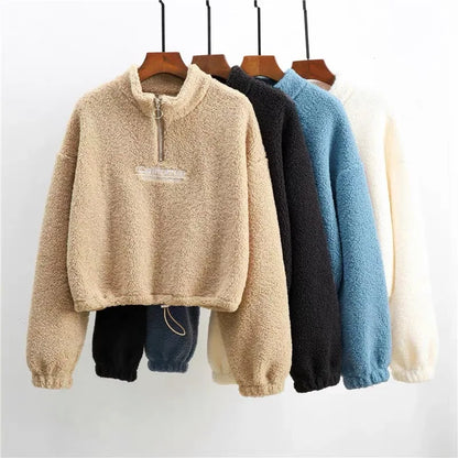 Women Letter Embroidery Stand Neck Fleece Cropped Hoodies Autumn Long Sleeve Drawstring Sweatshirt New Casual Plush Velvet Tops