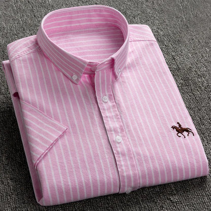 100% Pure Cotton Oxford Shirt For Men’s Short Sleeve Solid Stripe Leisure Embroidered Horse Social Business Formal Dress Shirts