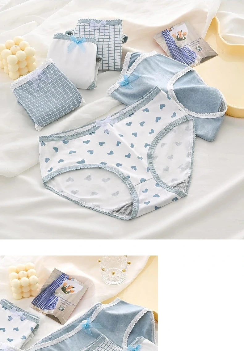 5pcs Women’s Cotton Panties Underwear Briefs Set Cute Bow Heart Plaid Print Soft Breathable Comfy Intimates Lingerie