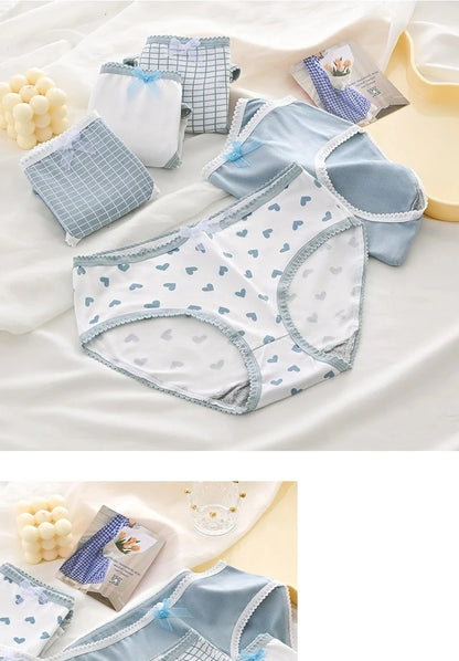 5pcs Women’s Cotton Panties Underwear Briefs Set Cute Bow Heart Plaid Print Soft Breathable Comfy Intimates Lingerie