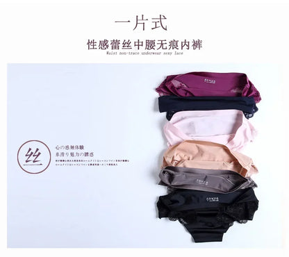 4PCS Luxury Pearl Lace Patchwork Sexy Panties One-piece Seamless Women's Briefs L - 2XL Plus Size